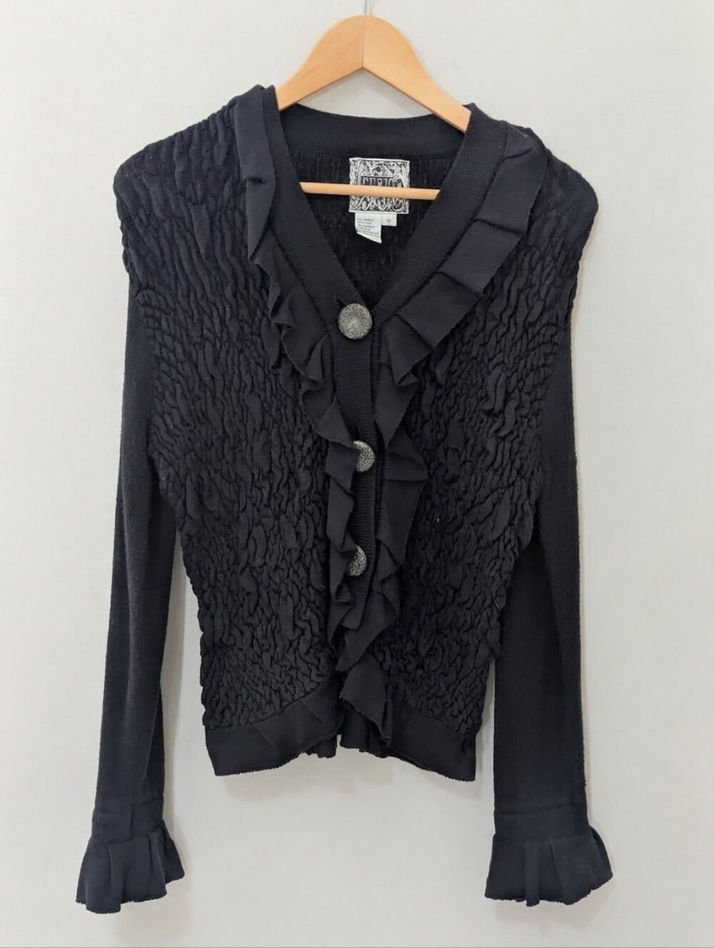 Vintage Curio Anthropologie Black Ruffle Cardigan S
